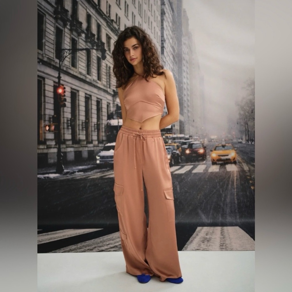 NWT For Love and Lemons Wide Leg Drawstring Satin Cargo Pants in Champagne | Sm